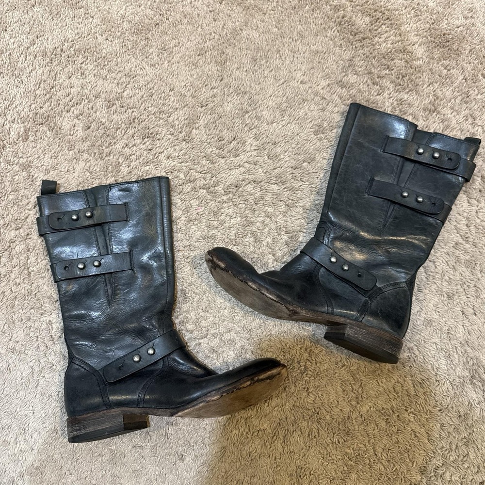 Lucchese Spirit Boots Mens 9 Black Leather Biker Zip Strap Mid Calf Moto